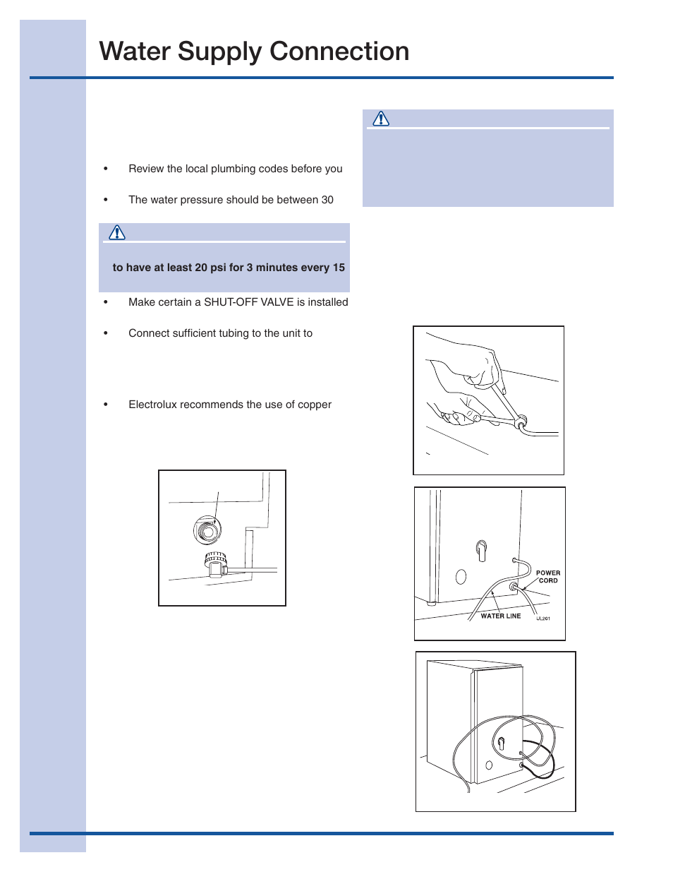 Water supply connection, Caution, Connecting the water supply | Electrolux 15 User Manual | Page 8 / 68