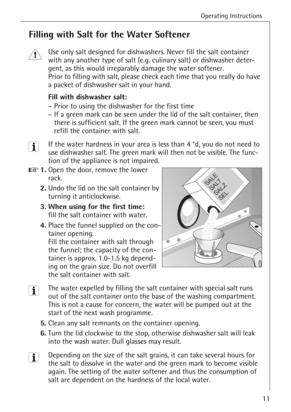 Filling with salt for the water softener | Electrolux 40250 i User Manual | Page 11 / 40