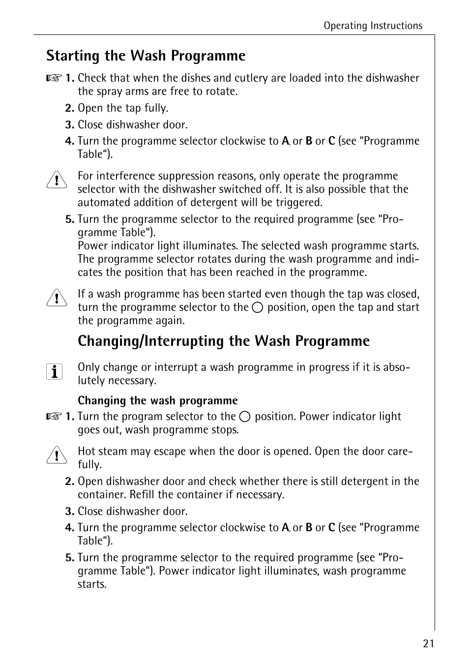 Starting the wash programme, Changing/interrupting the wash programme | Electrolux 40250 i User Manual | Page 21 / 40