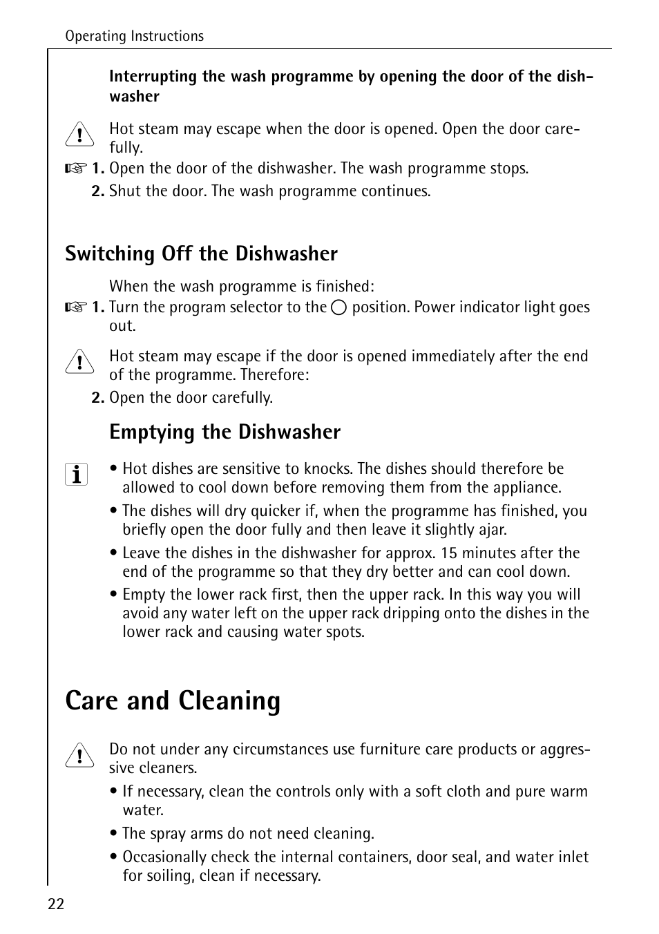 Care and cleaning, Switching off the dishwasher, Emptying the dishwasher | Electrolux 40250 i User Manual | Page 22 / 40