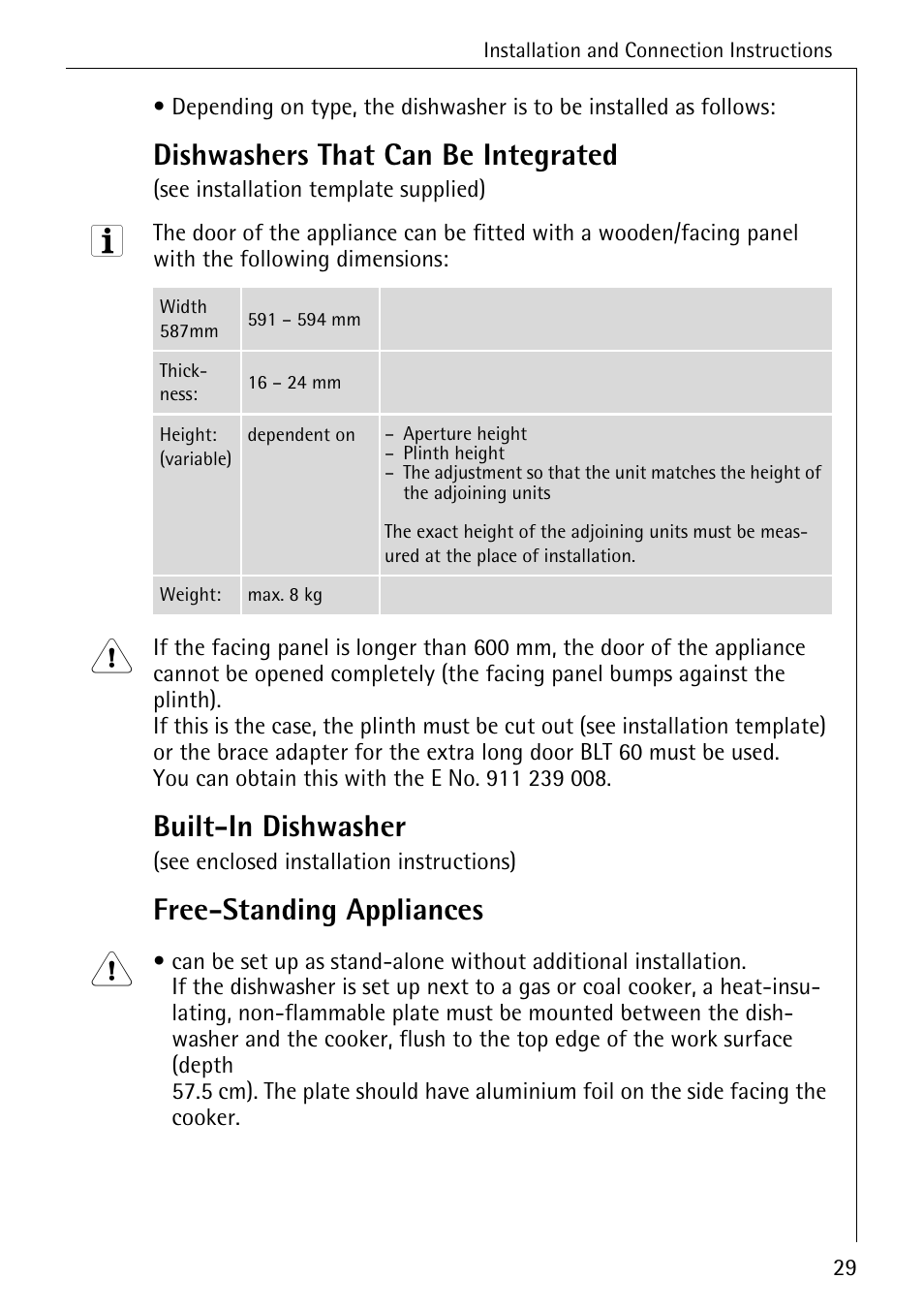 Dishwashers that can be integrated, Built-in dishwasher, Free-standing appliances | Electrolux 40250 i User Manual | Page 29 / 40