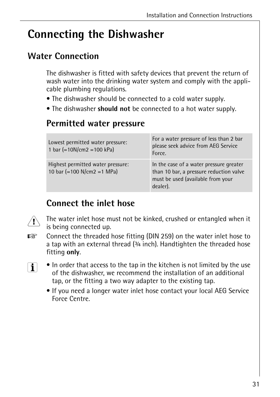 Connecting the dishwasher, Water connection, Permitted water pressure connect the inlet hose | Electrolux 40250 i User Manual | Page 31 / 40