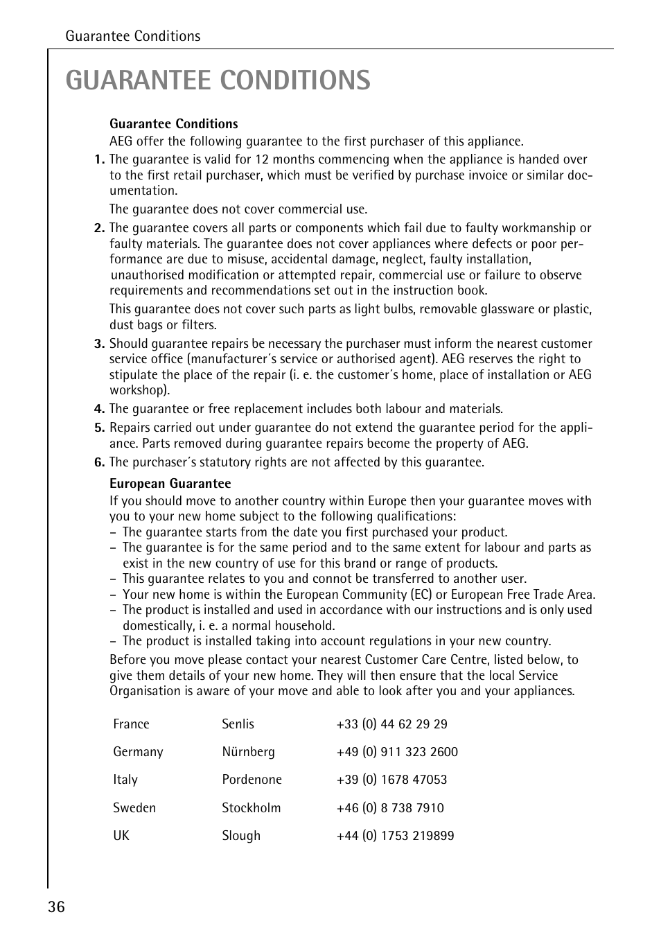 Guarantee conditions | Electrolux 40250 i User Manual | Page 36 / 40