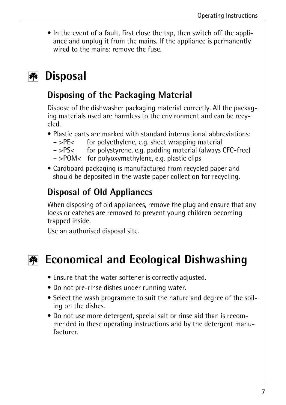 Disposal, Economical and ecological dishwashing, Disposing of the packaging material | Disposal of old appliances | Electrolux 40250 i User Manual | Page 7 / 40