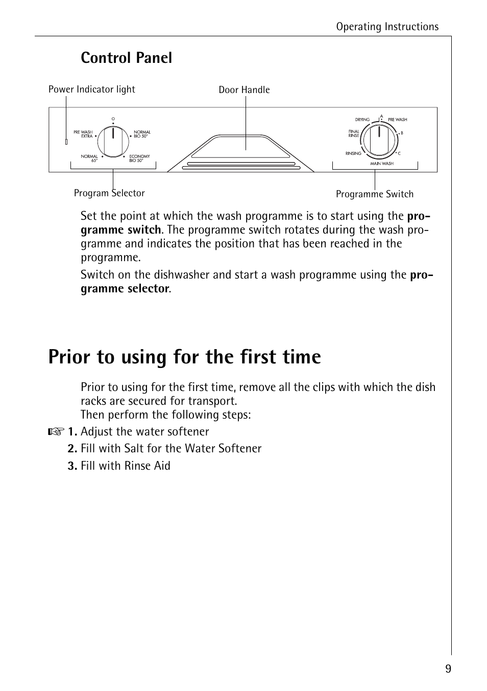 Prior to using for the first time, Control panel | Electrolux 40250 i User Manual | Page 9 / 40