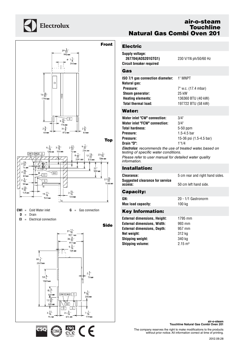 Air-o-steam touchline natural gas combi oven 201 | Electrolux Air-o-Steam Touchline 201 User Manual | Page 3 / 4