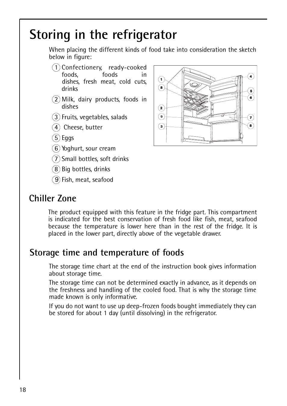 Storing in the refrigerator, Storage time and temperature of foods, Chiller zone | Electrolux U29348 S 75400 KG User Manual | Page 18 / 36