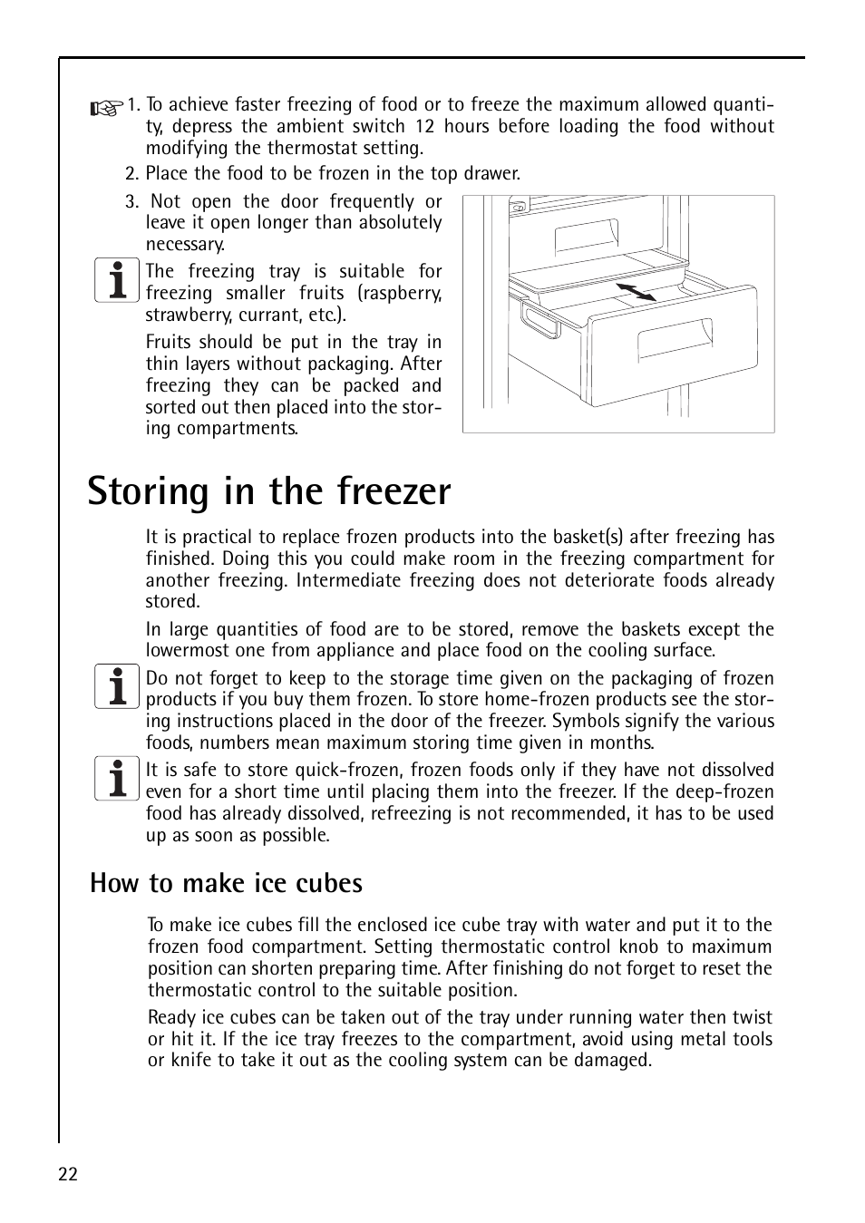 Storing in the freezer, How to make ice cubes | Electrolux U29348 S 75400 KG User Manual | Page 22 / 36