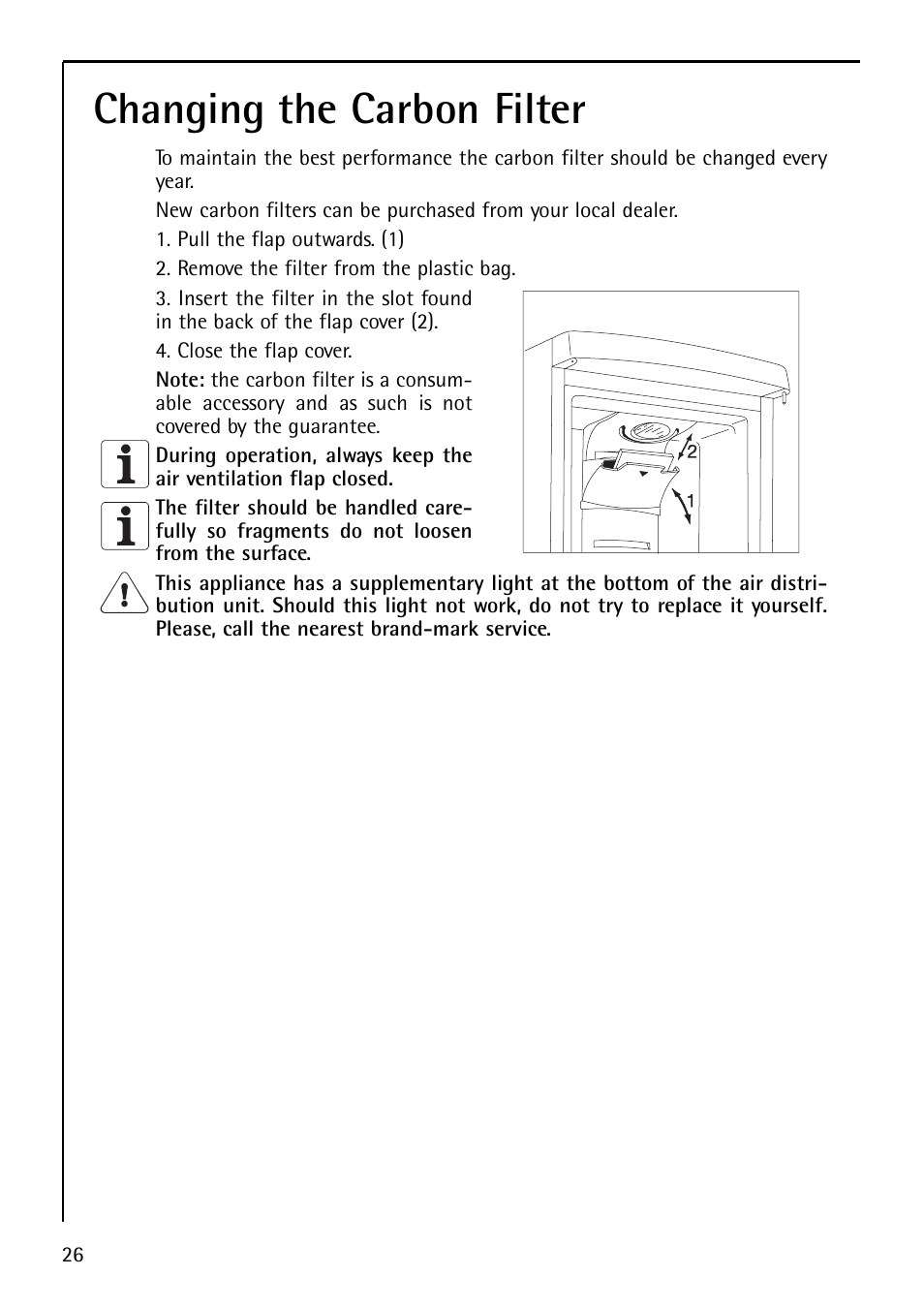 Changing the carbon filter | Electrolux U29348 S 75400 KG User Manual | Page 26 / 36