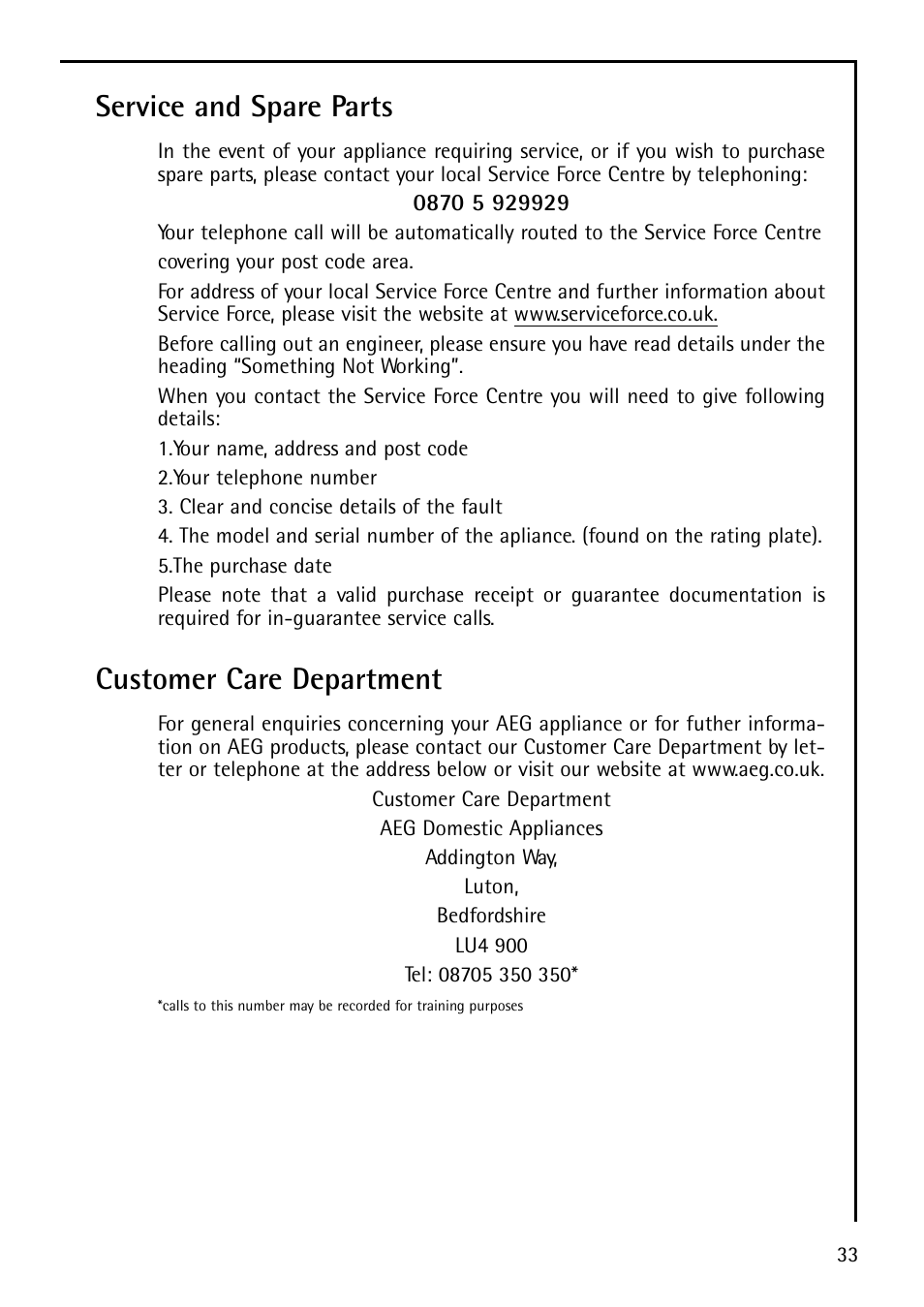 Service and spare parts, Customer care department | Electrolux U29348 S 75400 KG User Manual | Page 33 / 36