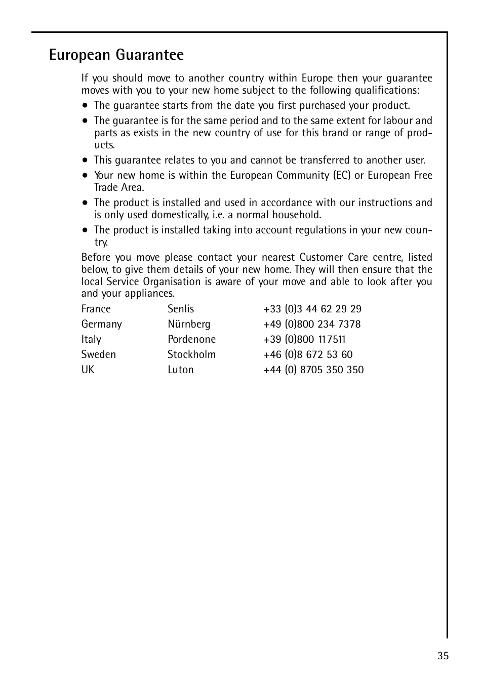 European guarantee | Electrolux U29348 S 75400 KG User Manual | Page 35 / 36