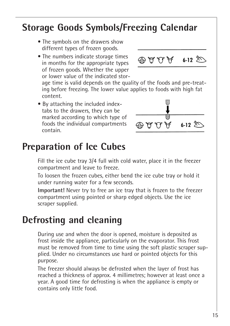 Storage goods symbols/freezing calendar, Preparation of ice cubes, Defrosting and cleaning | Electrolux 1273-4 GS User Manual | Page 15 / 24