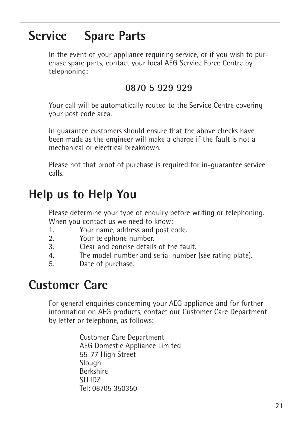 Service & spare parts, Help us to help you, Customer care | Electrolux 1273-4 GS User Manual | Page 21 / 24