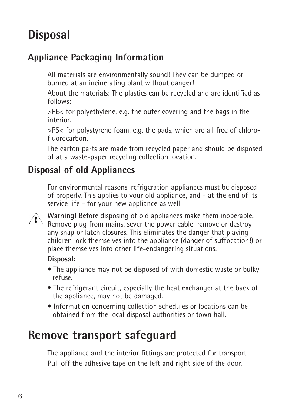 Disposal, Remove transport safeguard | Electrolux 1273-4 GS User Manual | Page 6 / 24