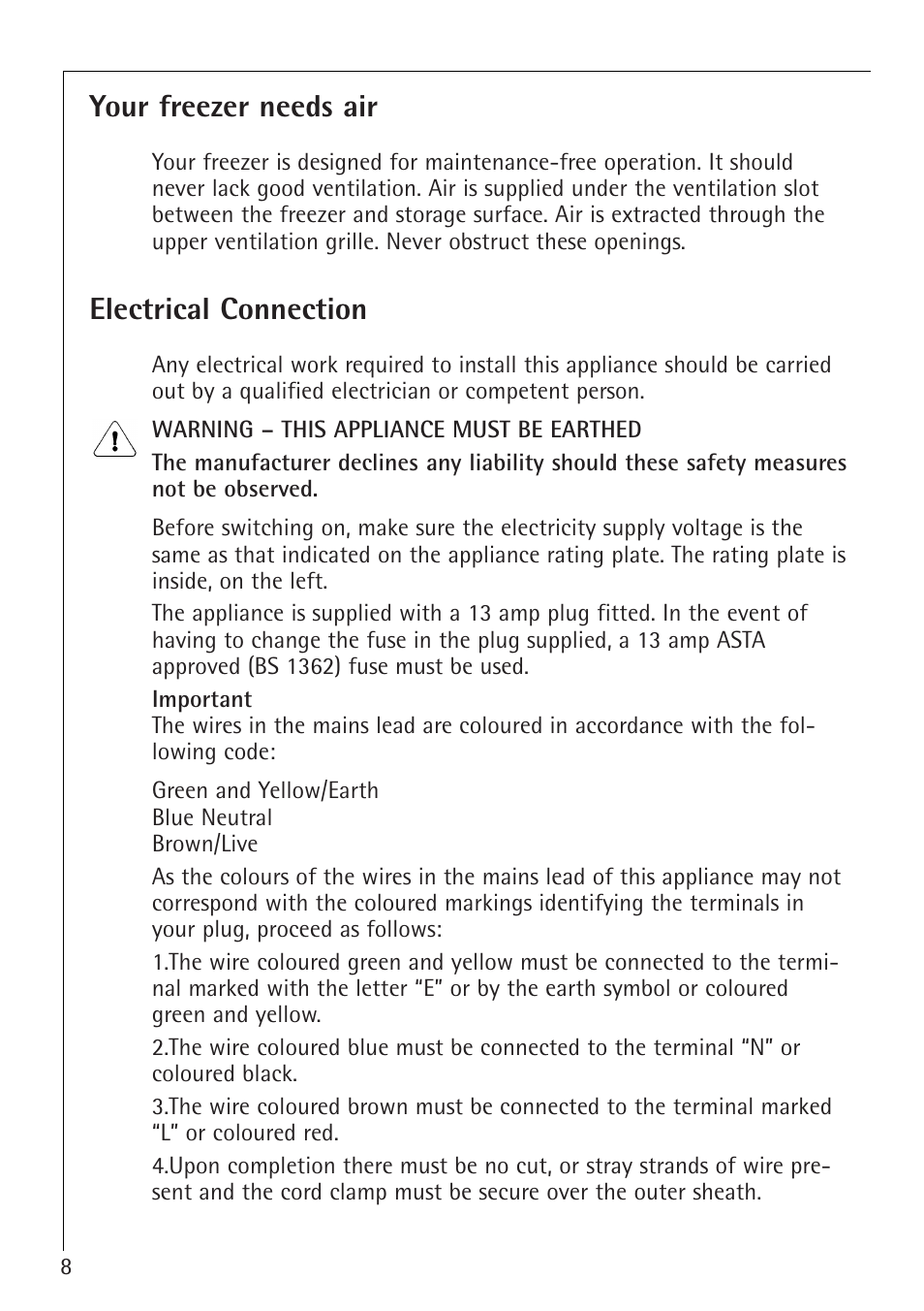 Your freezer needs air, Electrical connection | Electrolux 1273-4 GS User Manual | Page 8 / 24