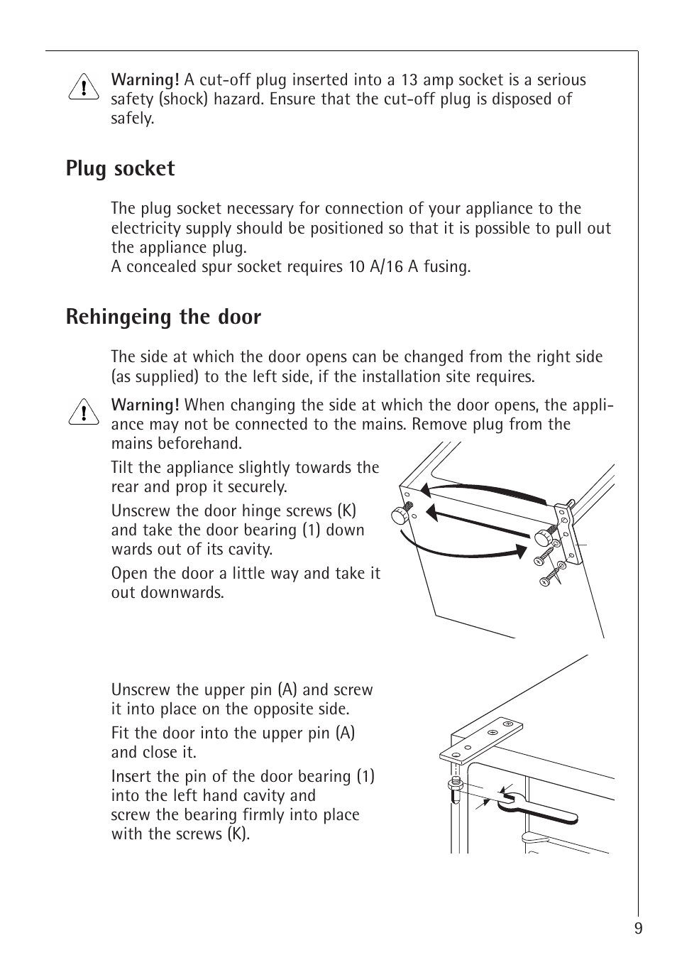Plug socket, Rehingeing the door | Electrolux 1273-4 GS User Manual | Page 9 / 24