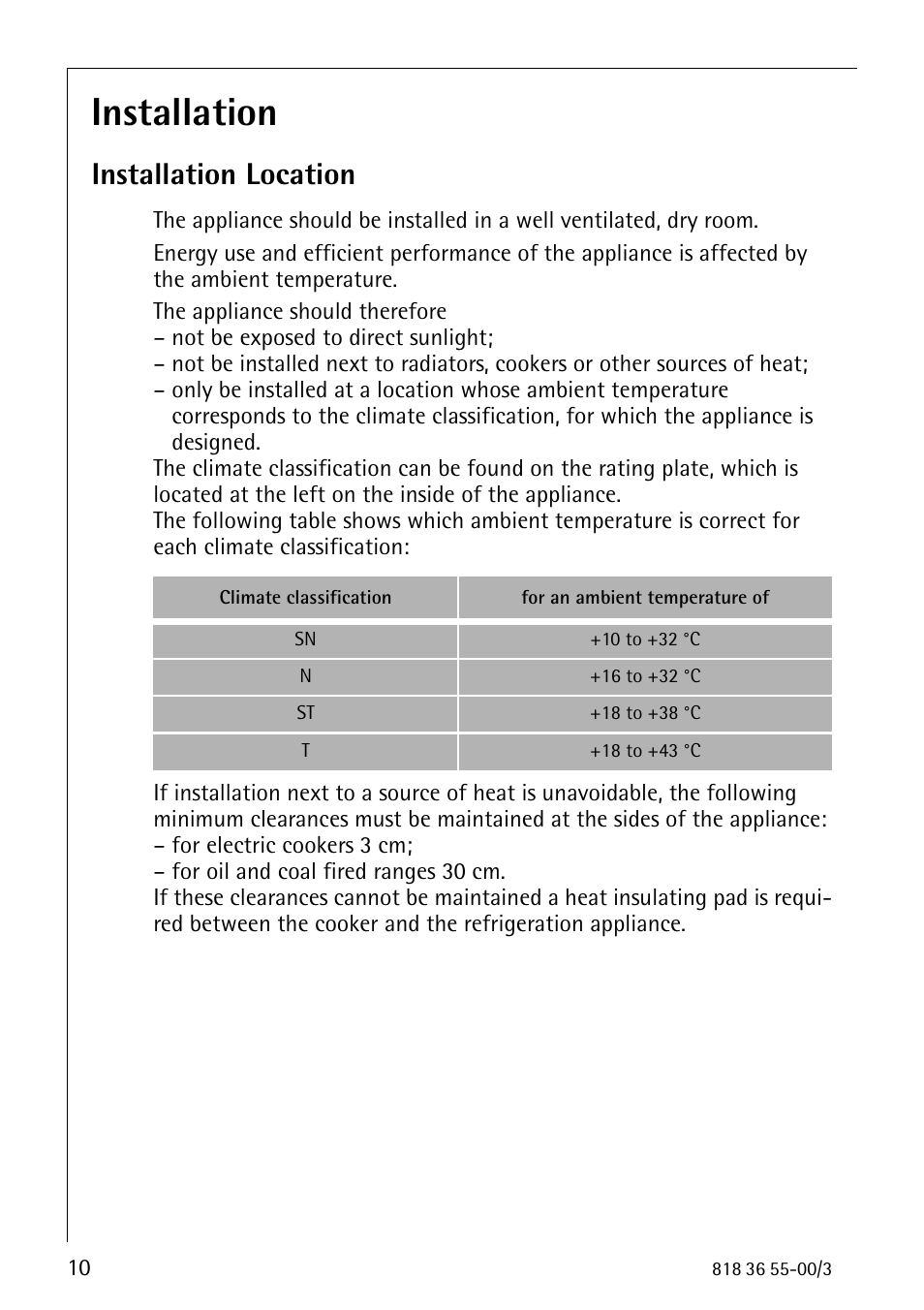 Installation, Installation location | Electrolux 86378-KG User Manual | Page 10 / 48