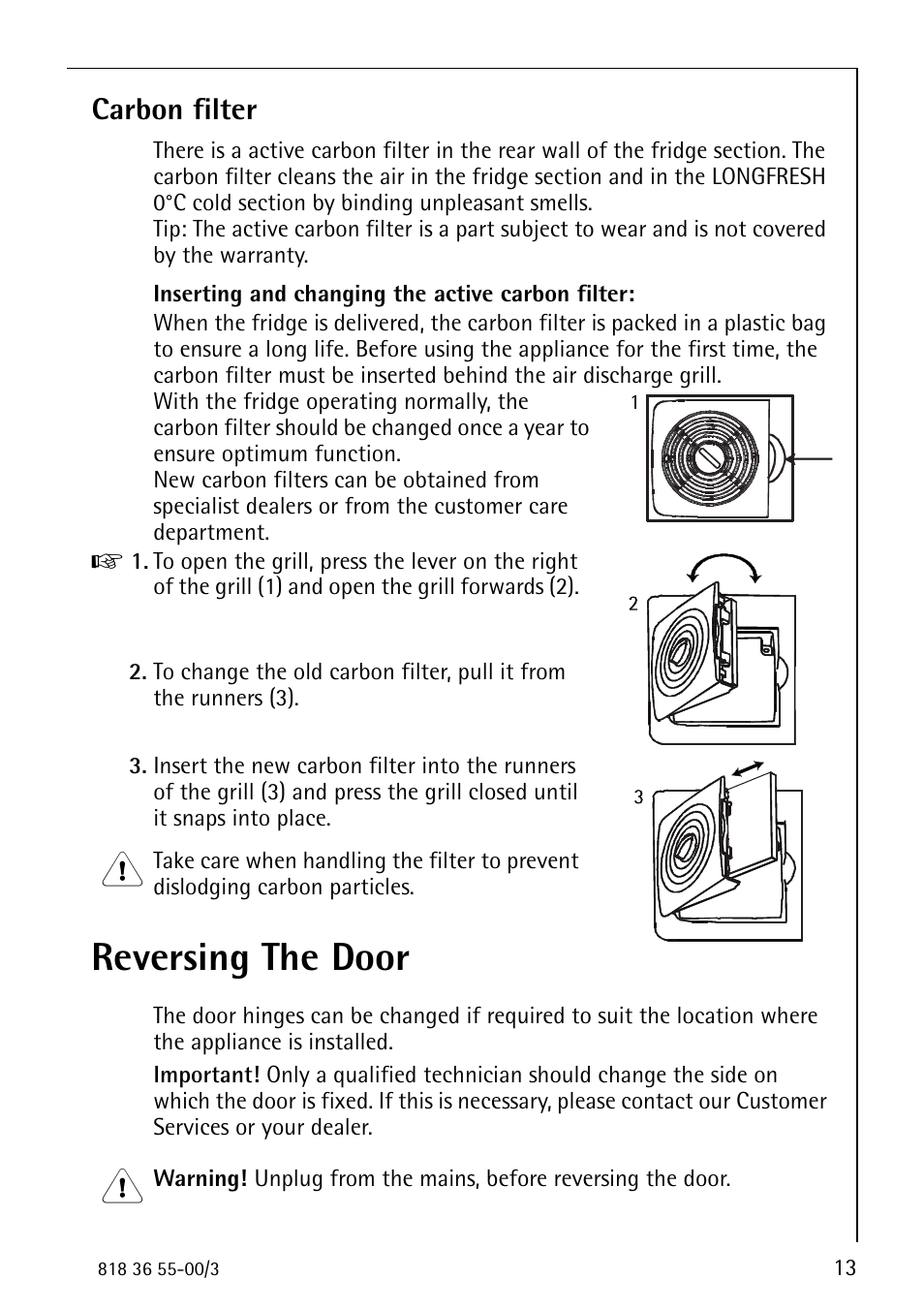 Reversing the door, Carbon filter | Electrolux 86378-KG User Manual | Page 13 / 48