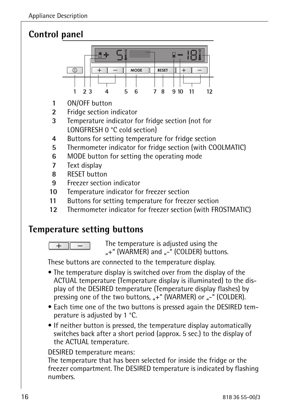 Control panel, Temperature setting buttons | Electrolux 86378-KG User Manual | Page 16 / 48