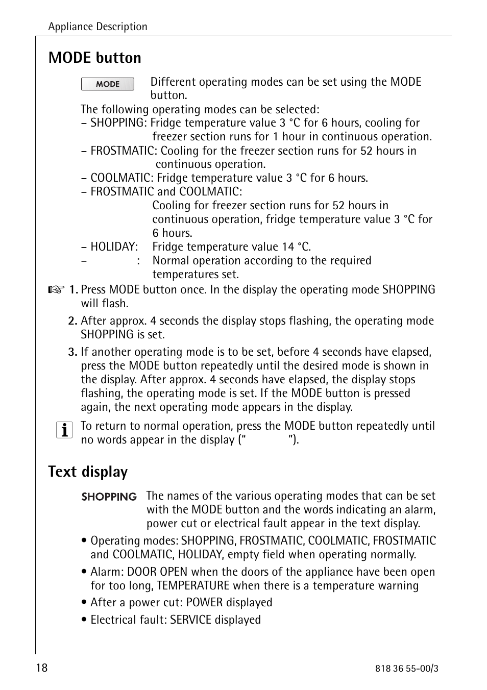 Mode button, Text display | Electrolux 86378-KG User Manual | Page 18 / 48