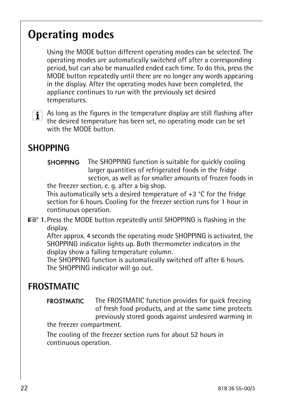 Operating modes, Shopping, Frostmatic | Electrolux 86378-KG User Manual | Page 22 / 48