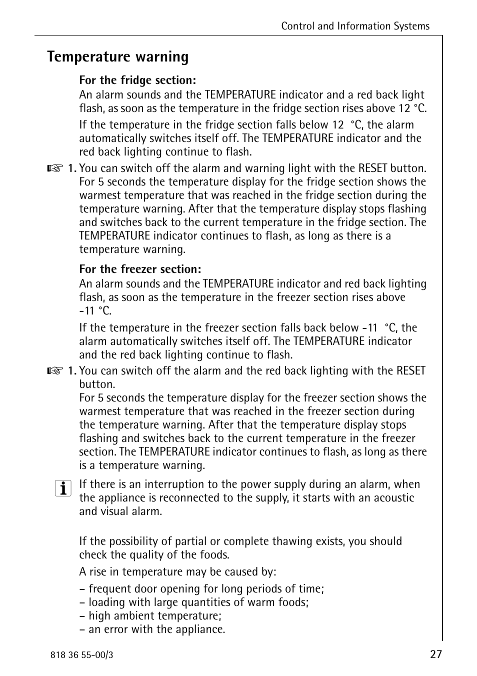 Temperature warning | Electrolux 86378-KG User Manual | Page 27 / 48