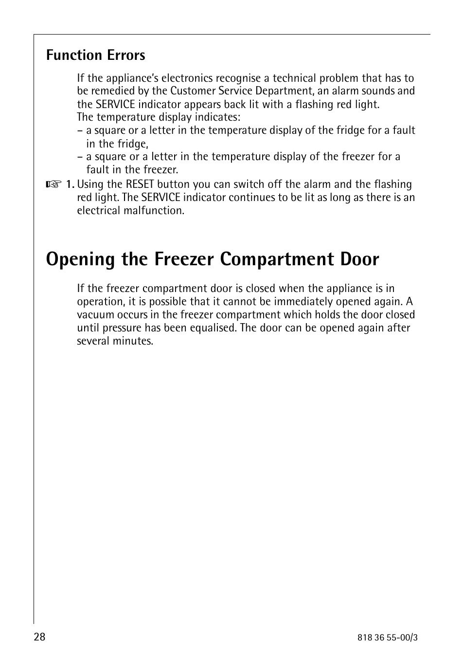 Opening the freezer compartment door, Function errors | Electrolux 86378-KG User Manual | Page 28 / 48