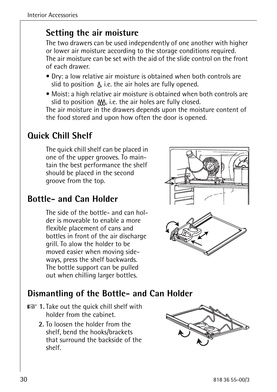 Setting the air moisture, Quick chill shelf, Bottle- and can holder | Dismantling of the bottle- and can holder | Electrolux 86378-KG User Manual | Page 30 / 48