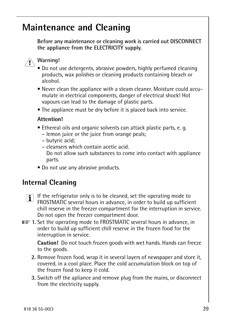 Maintenance and cleaning, Internal cleaning | Electrolux 86378-KG User Manual | Page 39 / 48