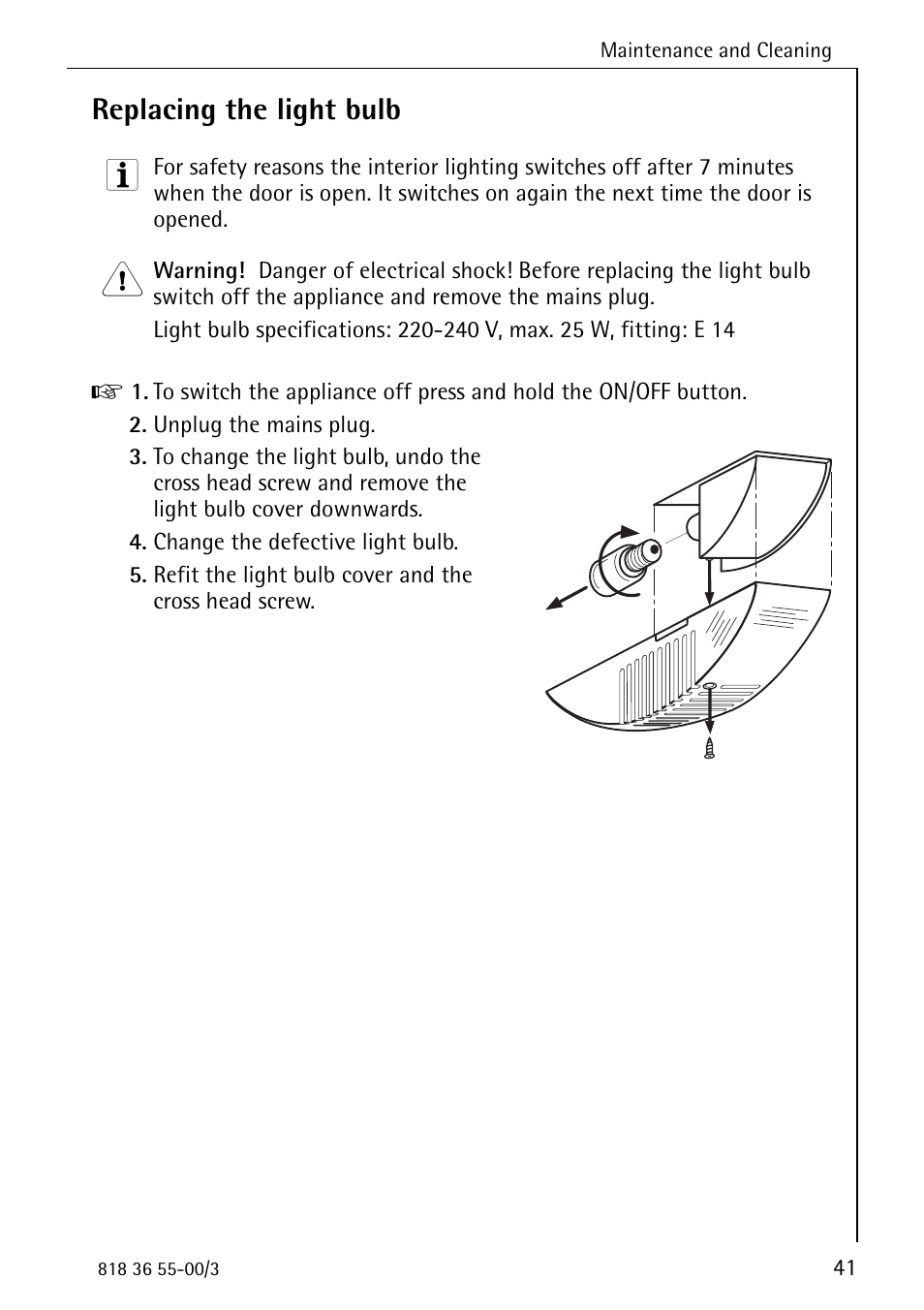 Replacing the light bulb | Electrolux 86378-KG User Manual | Page 41 / 48