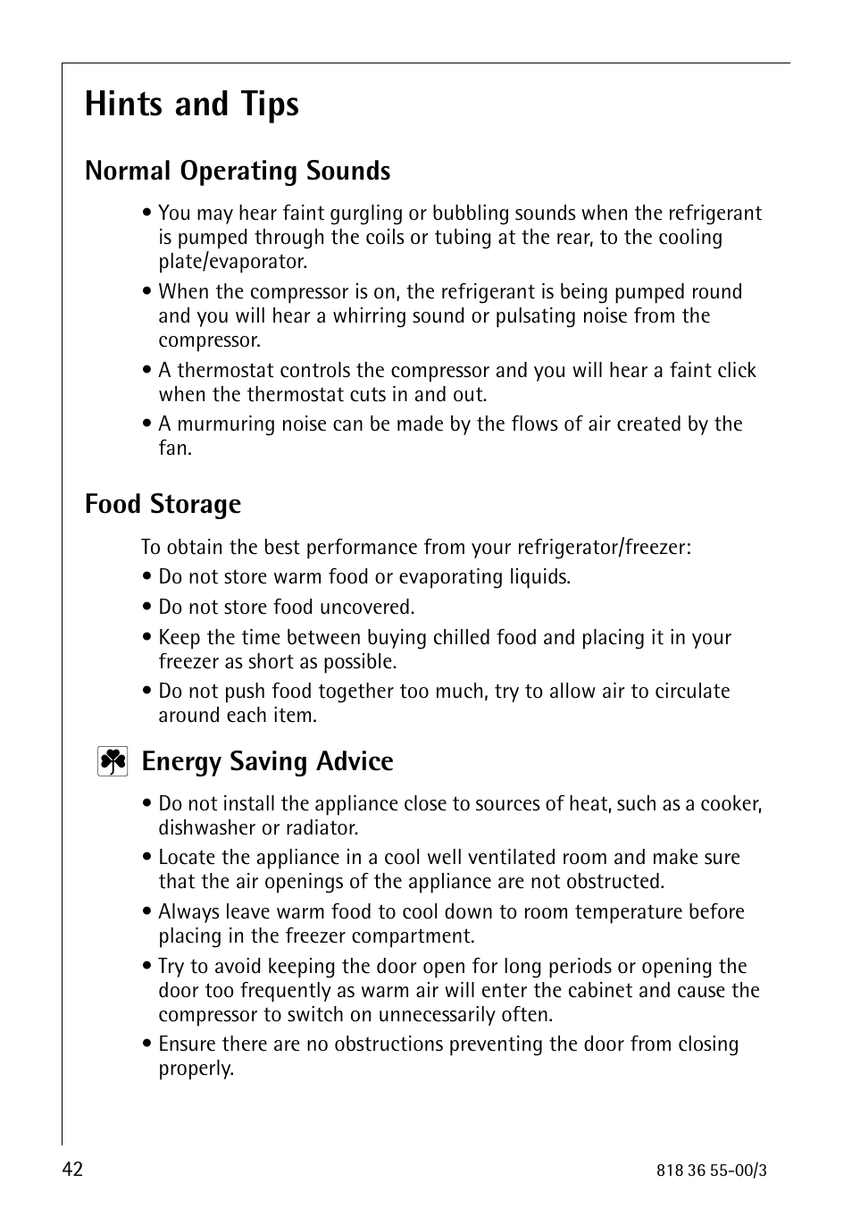 Hints and tips, Normal operating sounds, Food storage | Energy saving advice | Electrolux 86378-KG User Manual | Page 42 / 48