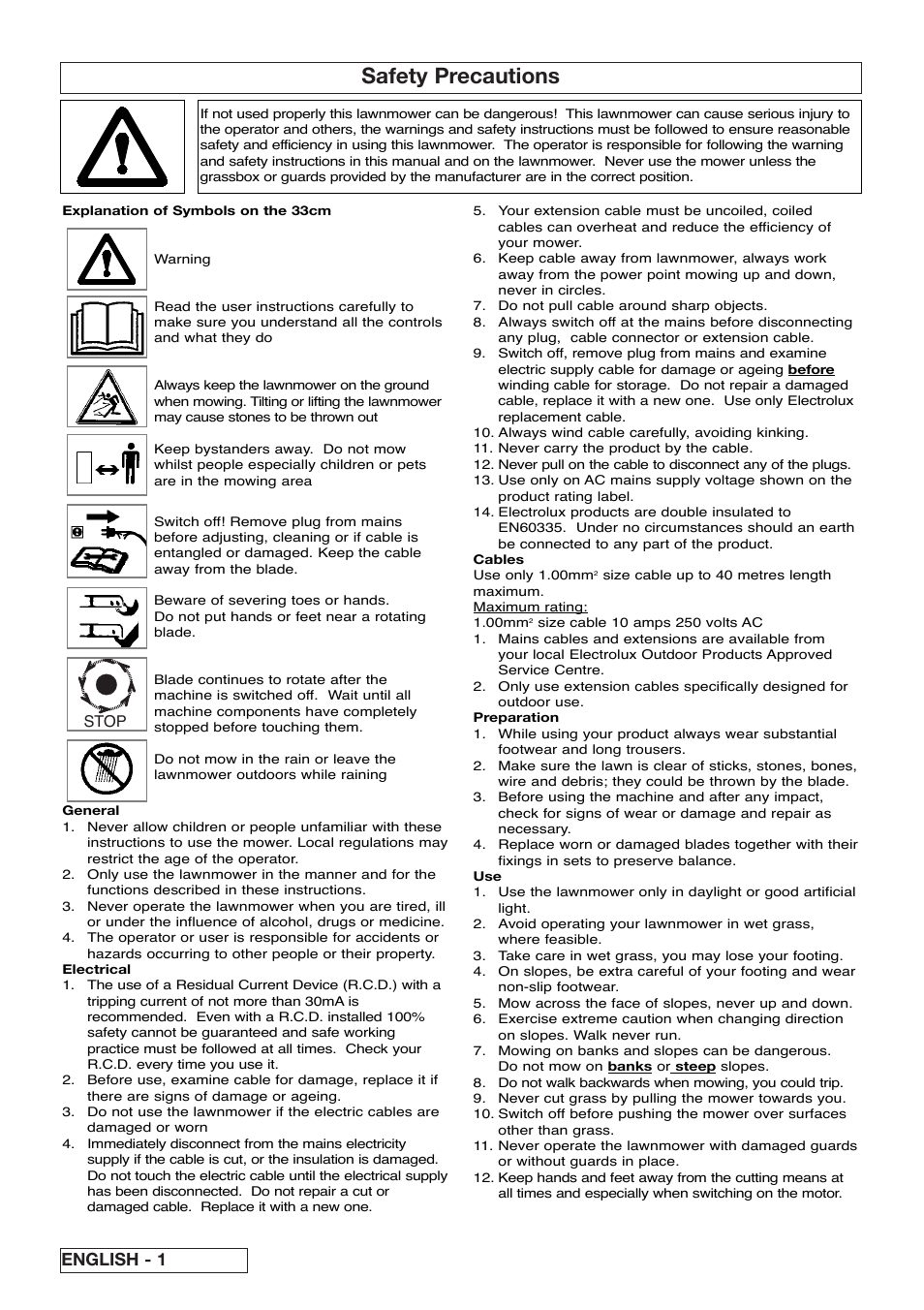 Safety precautions, English - 1 | Electrolux 96477940100 User Manual | Page 6 / 13