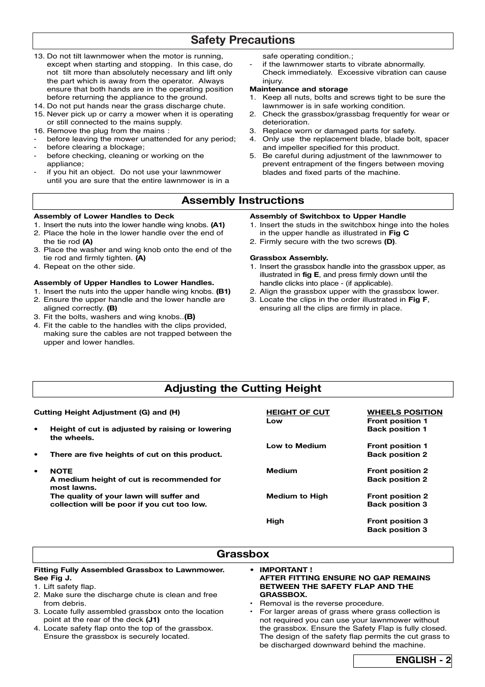 Safety precautions, Assembly instructions, Adjusting the cutting height | Grassbox, English - 2 | Electrolux 96477940100 User Manual | Page 7 / 13