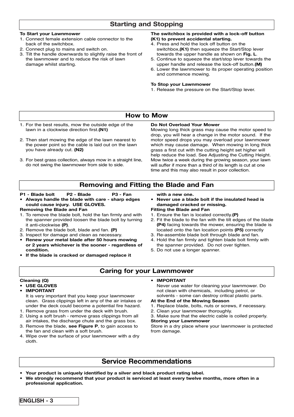 Service recommendations, Starting and stopping, How to mow | Removing and fitting the blade and fan, Caring for your lawnmower, English - 3 | Electrolux 96477940100 User Manual | Page 8 / 13