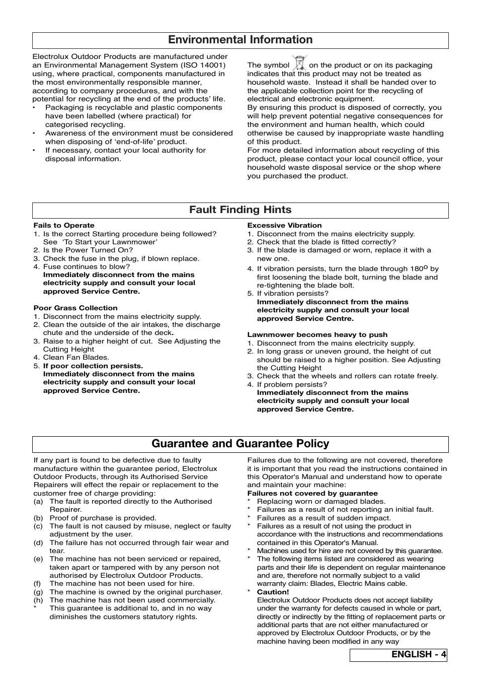 Environmental information, Guarantee and guarantee policy, Fault finding hints | English - 4 | Electrolux 96477940100 User Manual | Page 9 / 13