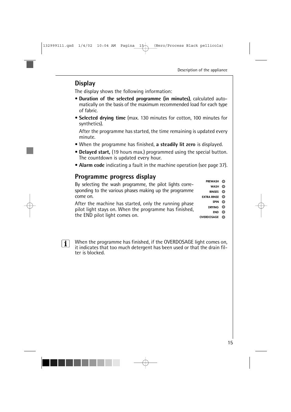 Display, Programme progress display | Electrolux OKO-Lavamat 16800 User Manual | Page 15 / 55