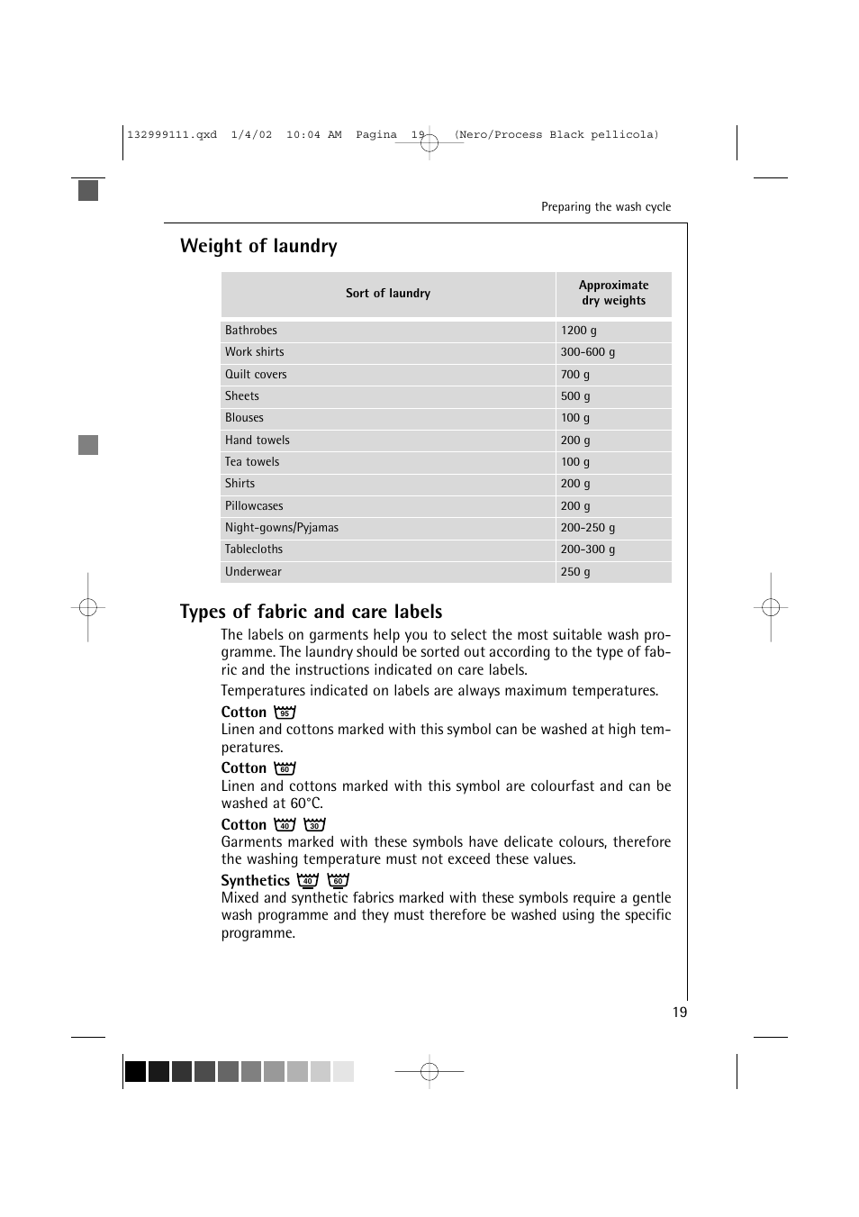 Weight of laundry types of fabric and care labels | Electrolux OKO-Lavamat 16800 User Manual | Page 19 / 55