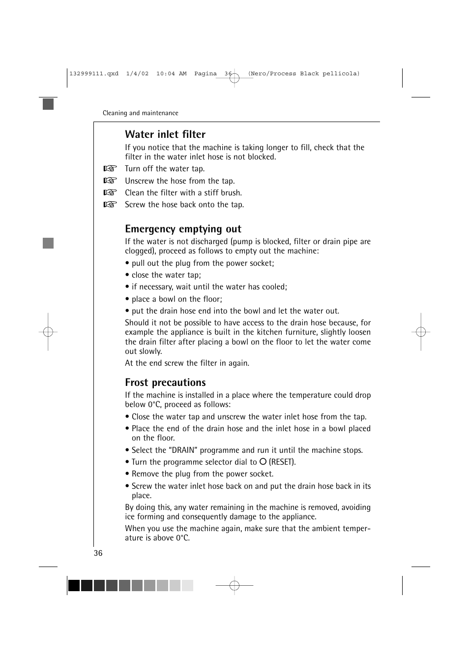 Water inlet filter, Emergency emptying out, Frost precautions | Electrolux OKO-Lavamat 16800 User Manual | Page 36 / 55