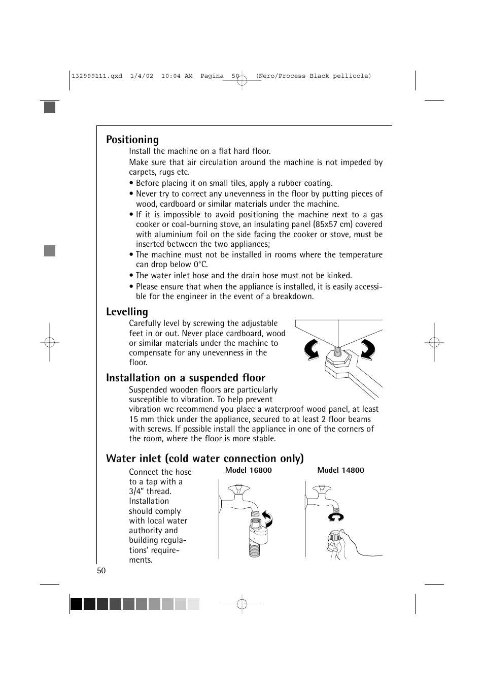 Positioning, Levelling, Installation on a suspended floor | Water inlet (cold water connection only) | Electrolux OKO-Lavamat 16800 User Manual | Page 50 / 55