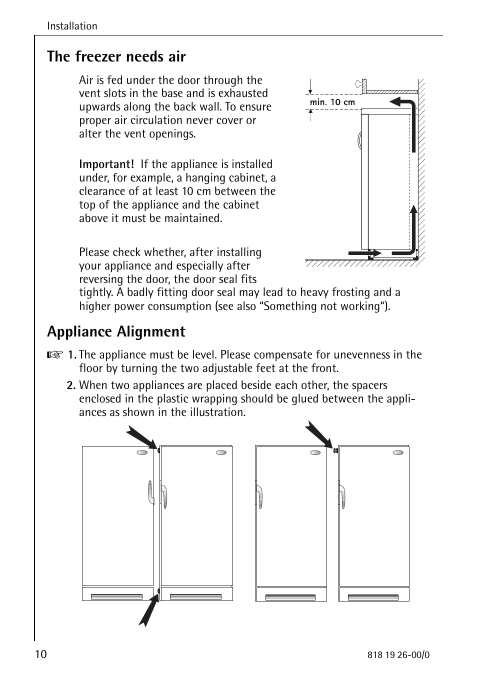 The freezer needs air, Appliance alignment | Electrolux ARCTIS User Manual | Page 10 / 32