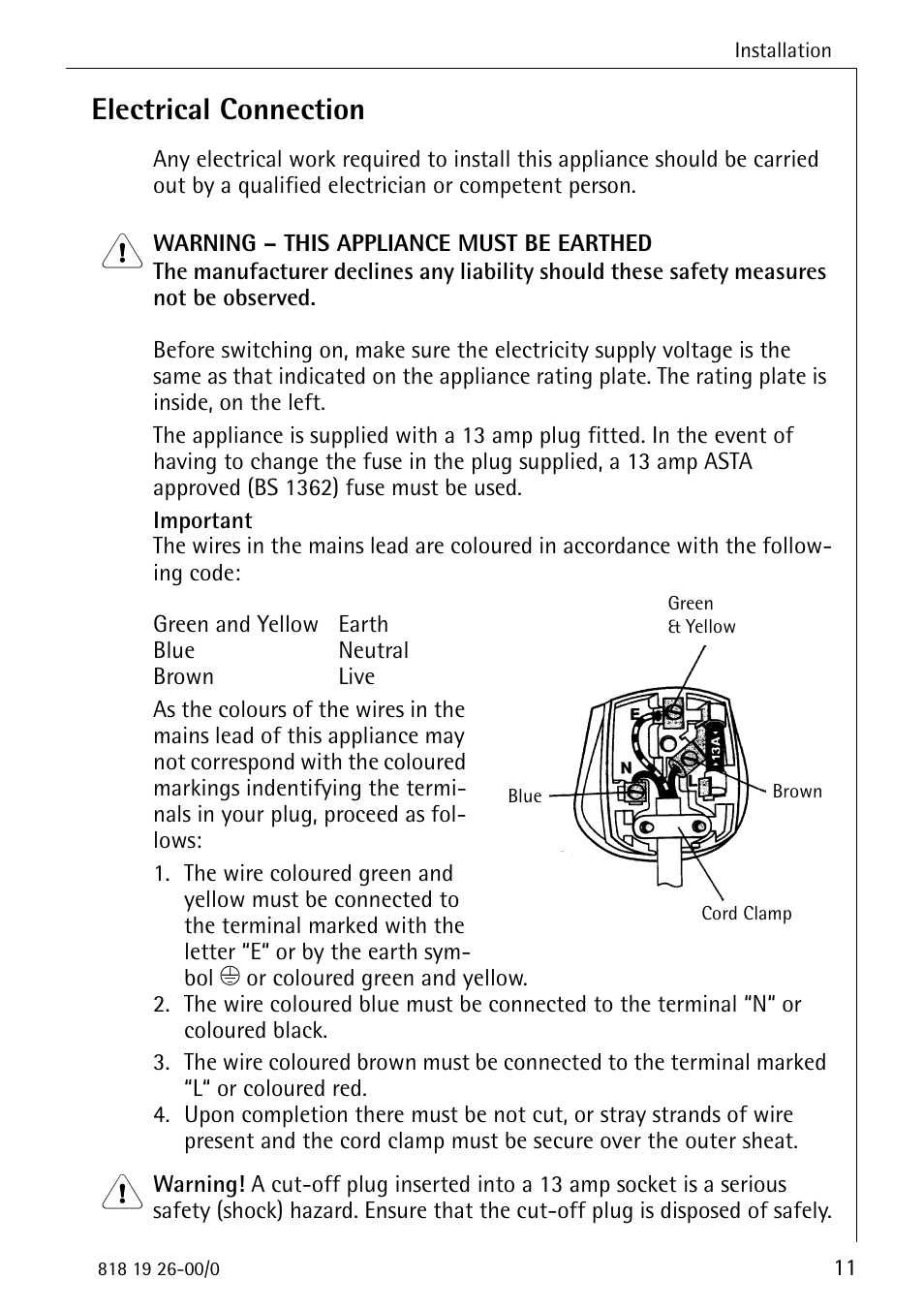 Electrical connection | Electrolux ARCTIS User Manual | Page 11 / 32