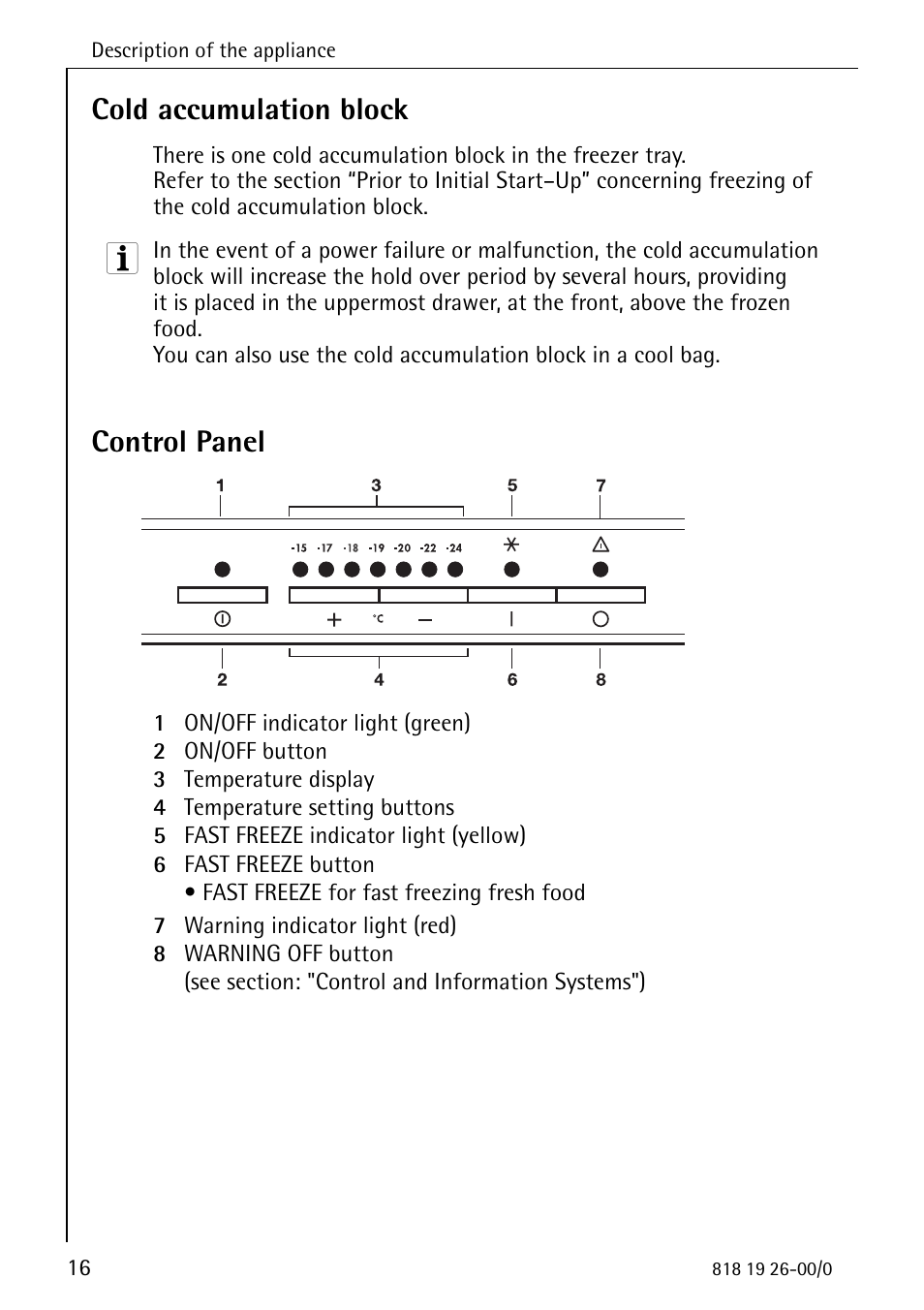Cold accumulation block, Control panel | Electrolux ARCTIS User Manual | Page 16 / 32