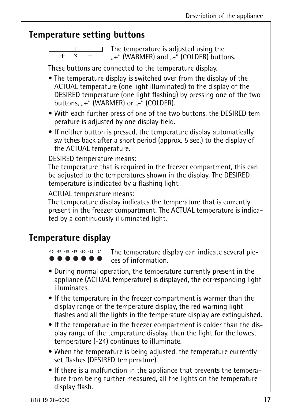 Temperature setting buttons, Temperature display | Electrolux ARCTIS User Manual | Page 17 / 32