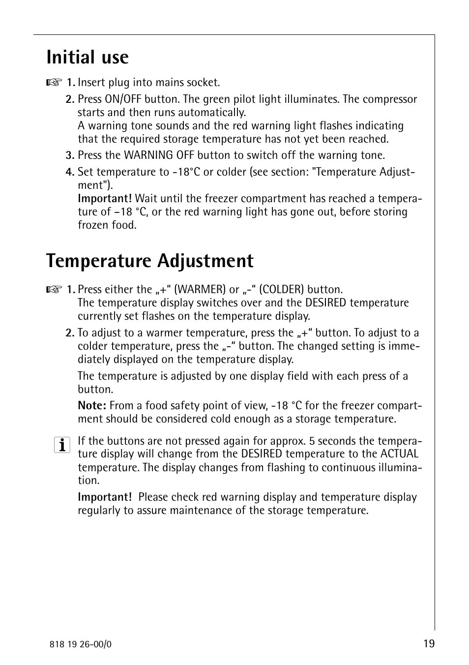 Initial use, Temperature adjustment | Electrolux ARCTIS User Manual | Page 19 / 32