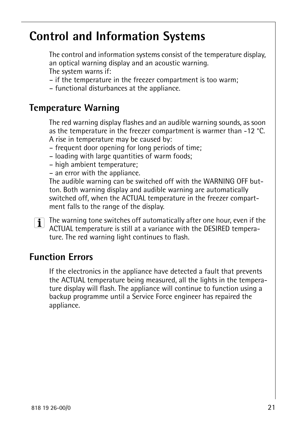 Control and information systems, Temperature warning, Function errors | Electrolux ARCTIS User Manual | Page 21 / 32