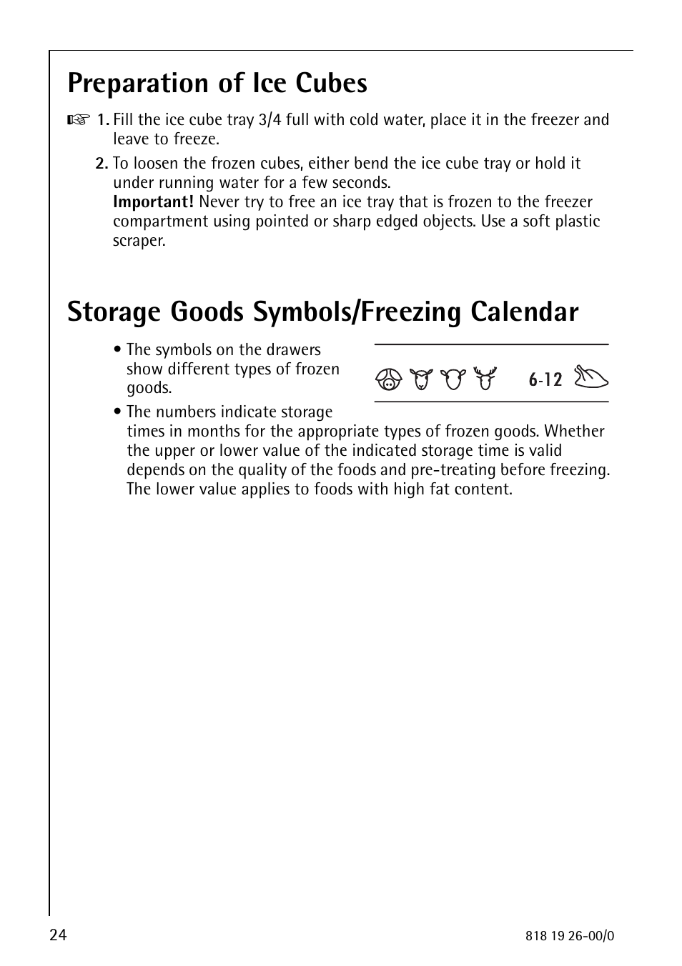 Preparation of ice cubes, Storage goods symbols/freezing calendar | Electrolux ARCTIS User Manual | Page 24 / 32