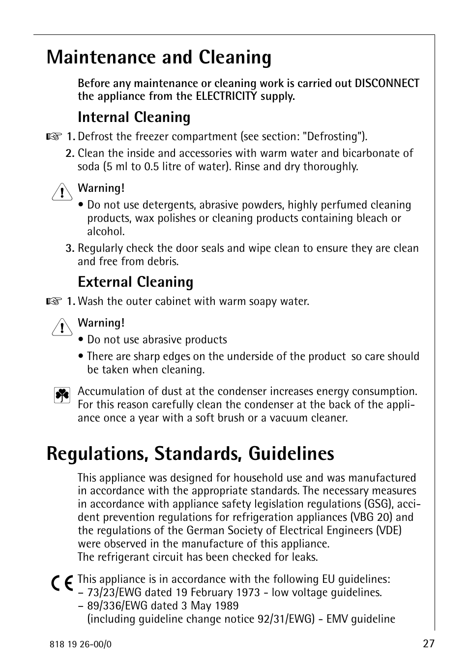 Maintenance and cleaning, Regulations, standards, guidelines, Internal cleaning | External cleaning | Electrolux ARCTIS User Manual | Page 27 / 32