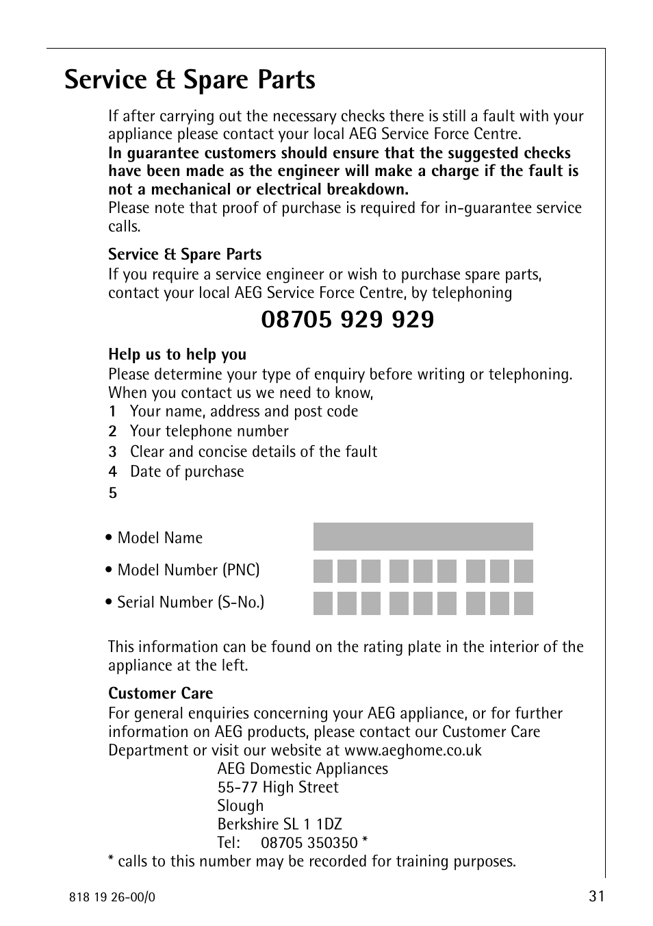 Service & spare parts | Electrolux ARCTIS User Manual | Page 31 / 32