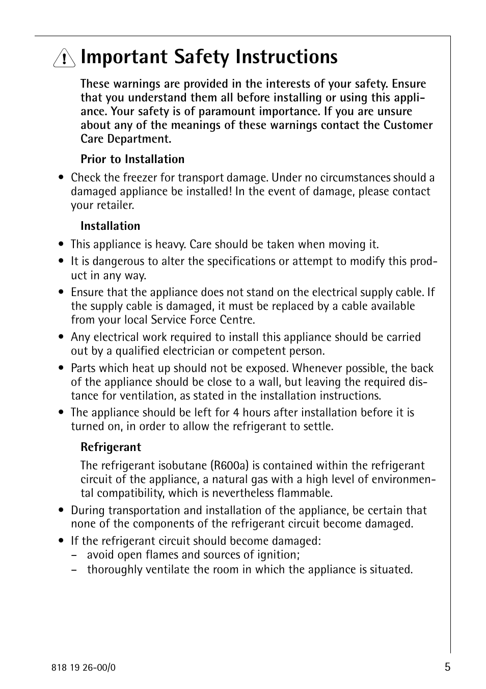 Important safety instructions | Electrolux ARCTIS User Manual | Page 5 / 32