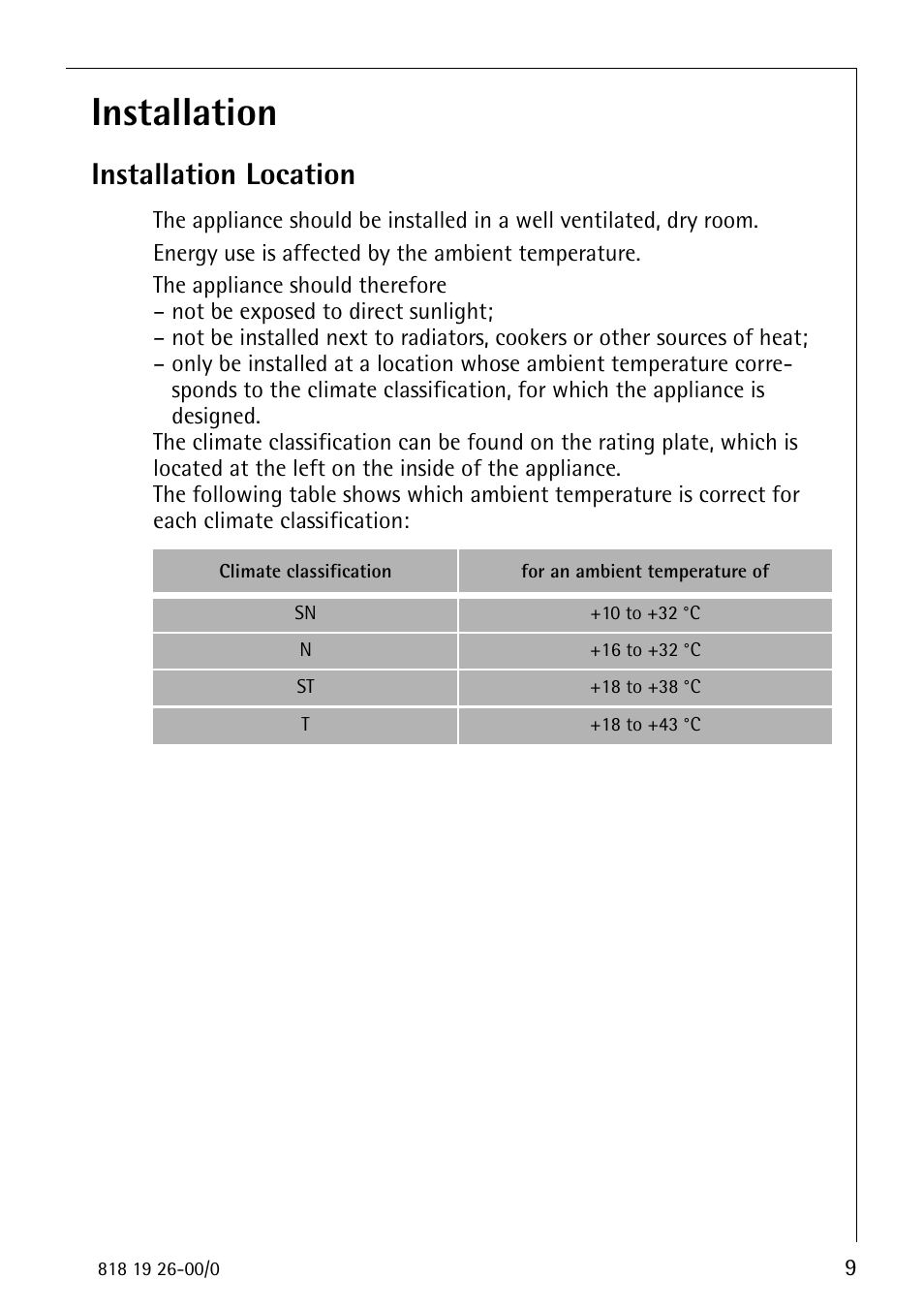 Installation, Installation location | Electrolux ARCTIS User Manual | Page 9 / 32